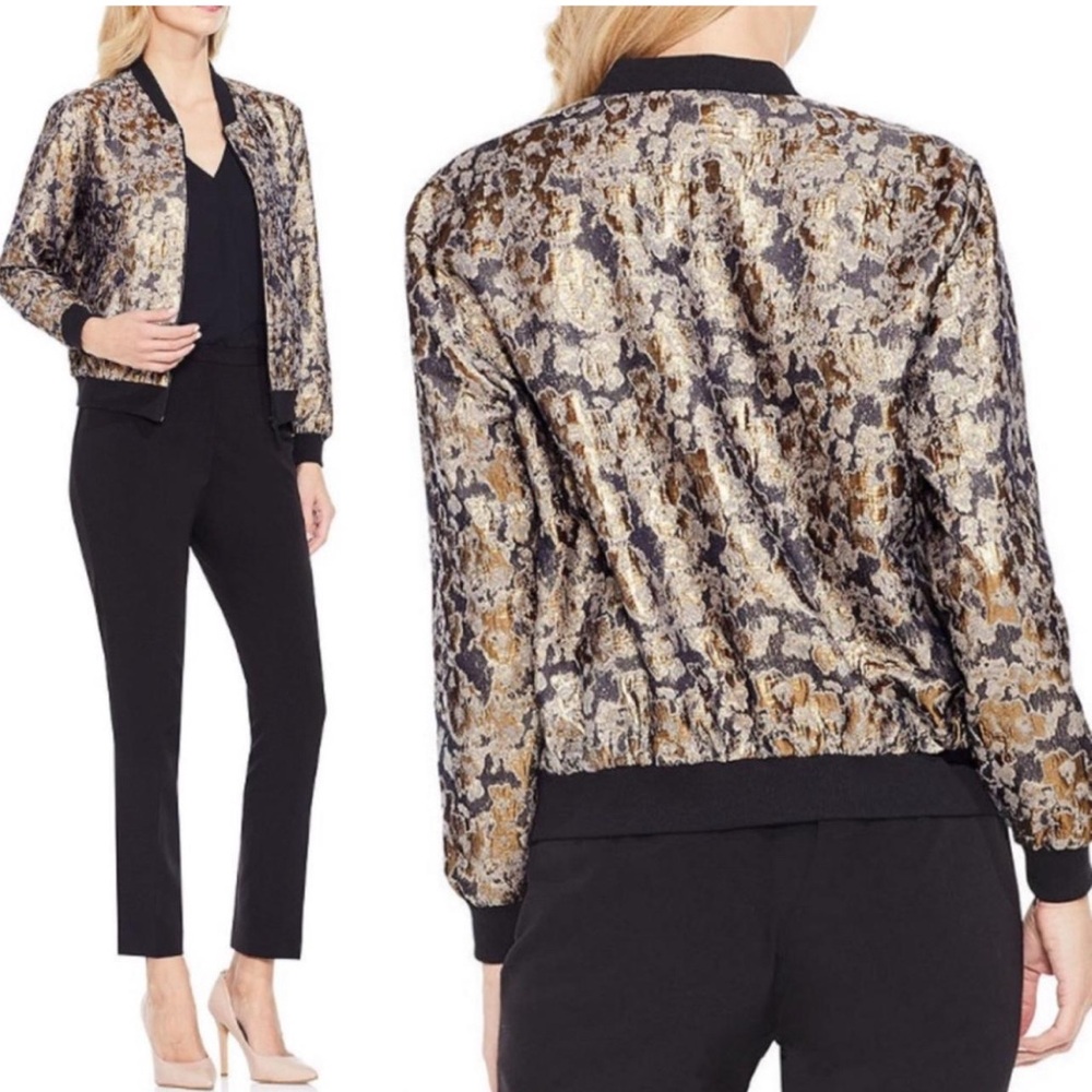 Vince Camuto Gold Foil Jacquard Metallic Bomber Jacket